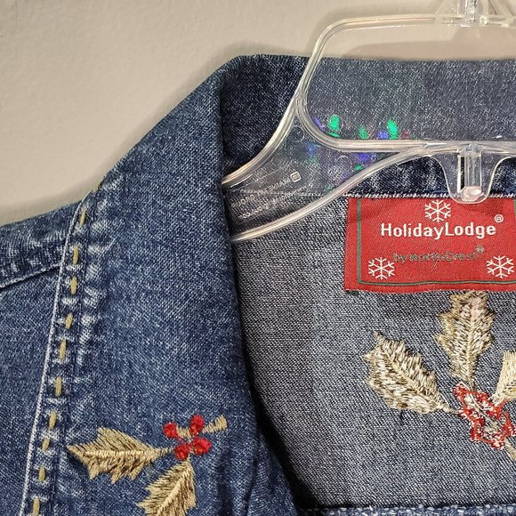 Vintage HOLIDAY LODGE BY NORTHCREST Denim Buttoned Chambray Embroidered Jacket - Picture 5 of 6